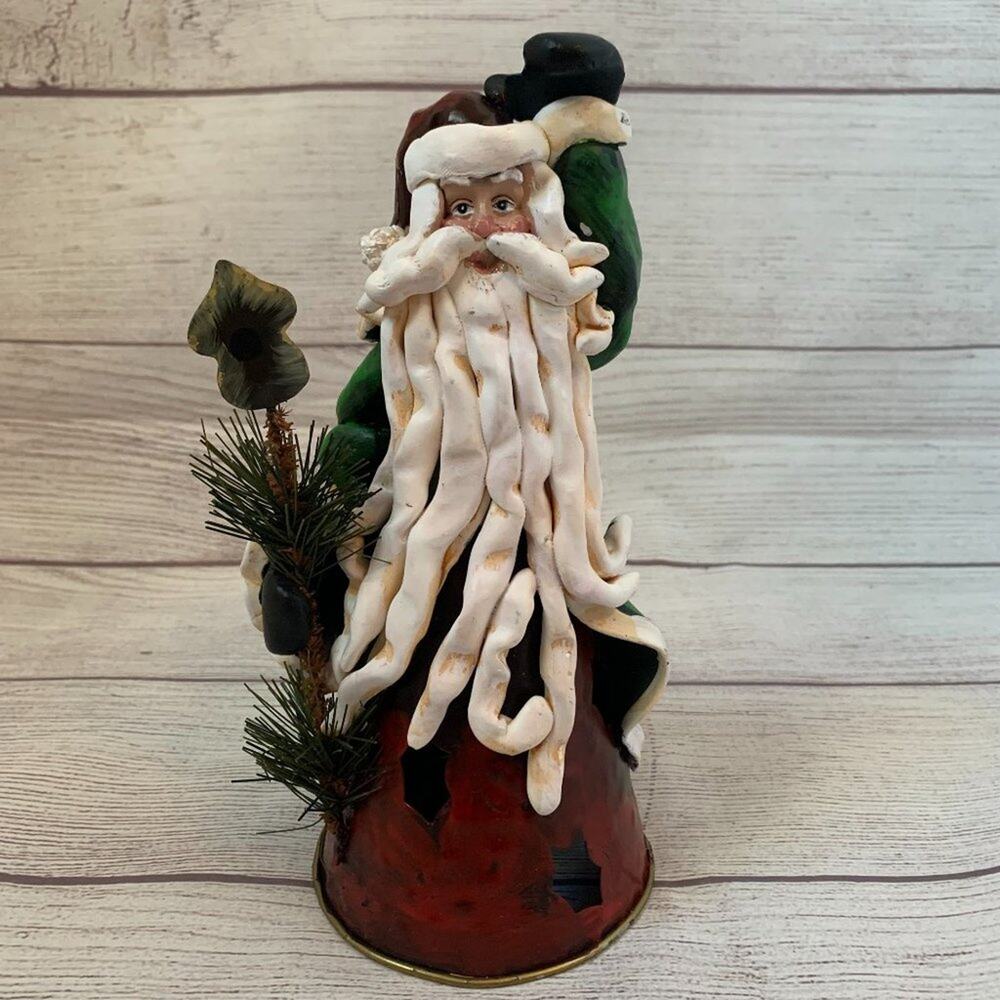 Santa Clause Figurine with  Metal Cutout Base Molded Top Faux Evergreen Staff 9"